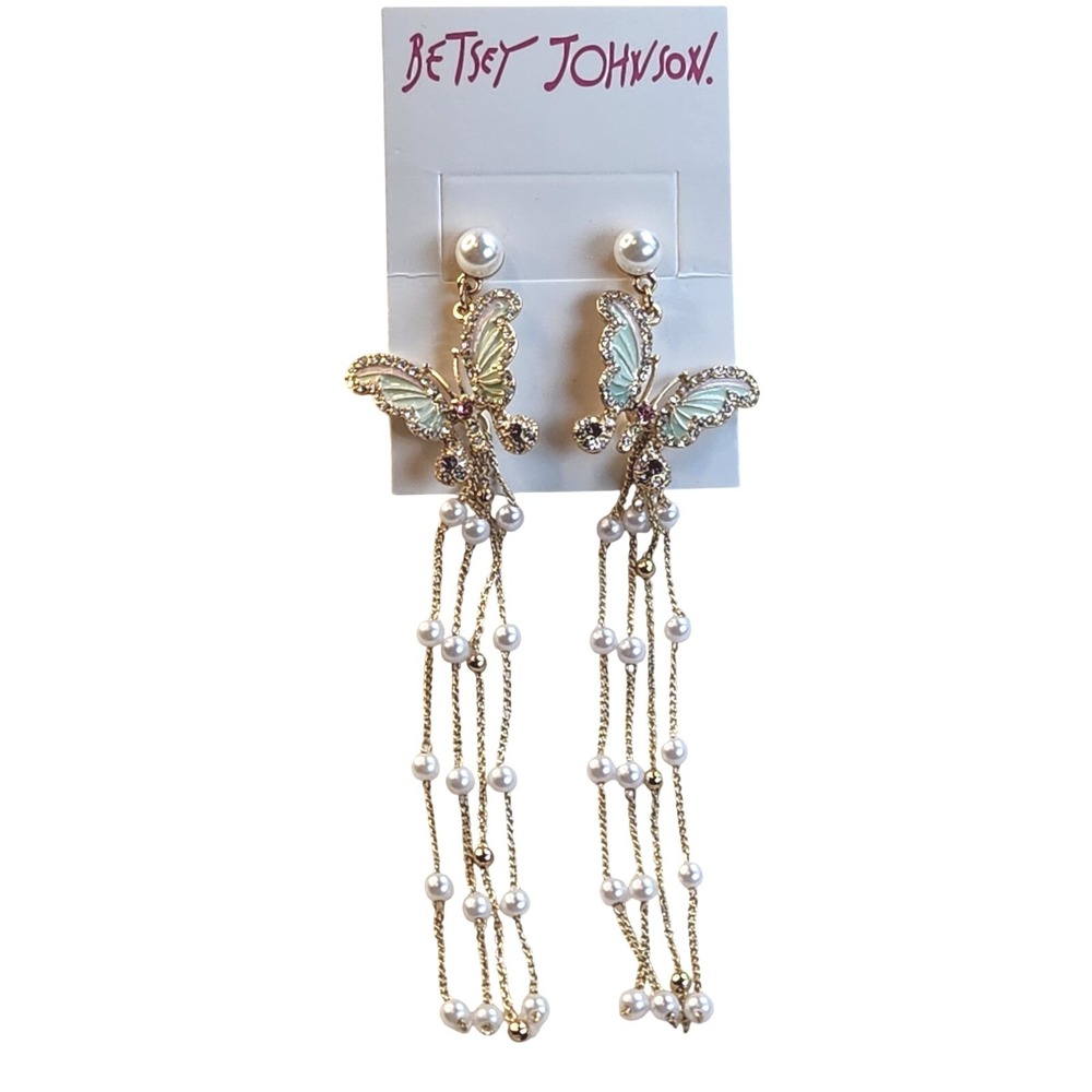 BETSEY JOHNSON Butterfly‎ Dangle Earrings Rhinestone Pearl Drop Gold Tone